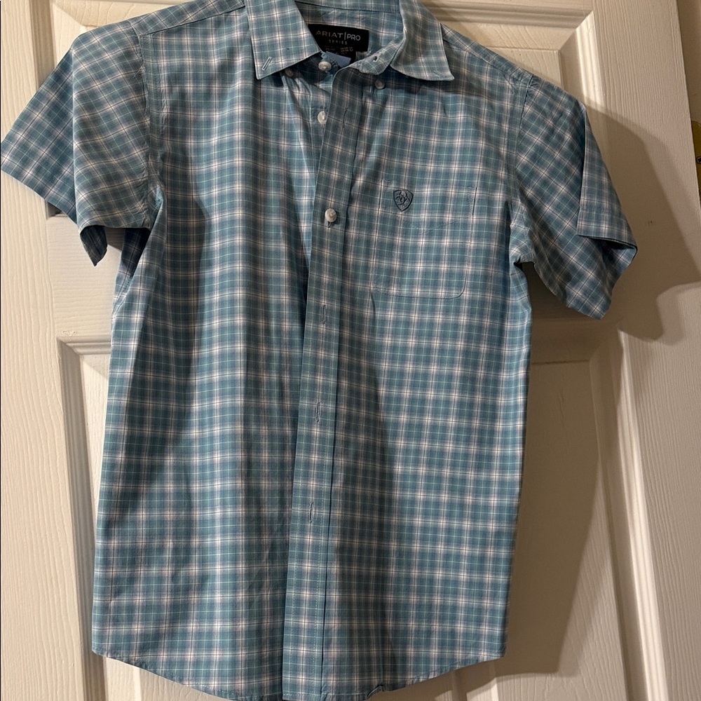 Ariat Boys Short Sleeve Teal and White Checkered Western Shirt